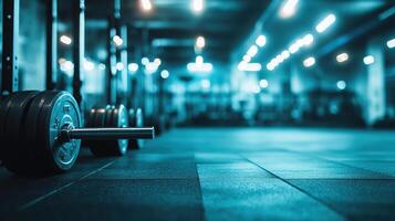 A dimly lit gym interior featuring weights on the floor, emphasizing fitness and strength training. photo