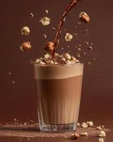 A delicious chocolate drink topped with popcorn and hazelnuts, capturing a playful, indulgent moment. photo