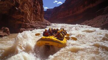 A group of people rafting on a river in a canyon, navigating through turbulent waters. photo