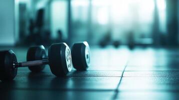 A pair of dumbbells resting on a gym floor, emphasizing fitness and exercise. photo
