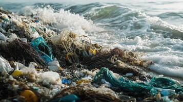 A polluted beach with plastic waste and seaweed, highlighting environmental issues. photo