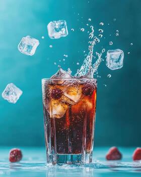 A refreshing drink with ice and raspberries, splashing in a glass photo