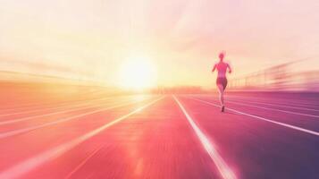 A runner sprinting towards a vibrant sunset on a track, symbolizing determination and freedom. photo