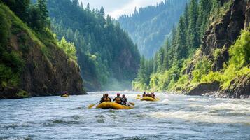 Rafting adventure on a river surrounded by lush green mountains photo