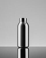 A sleek, reflective stainless steel bottle on a minimalist background photo
