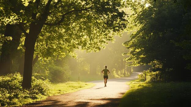A runner enjoys a peaceful morning jog along a sunlit path surrounded by lush greenery. photo