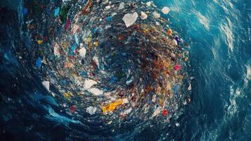 A swirling mass of plastic waste in the ocean highlights environmental pollution photo
