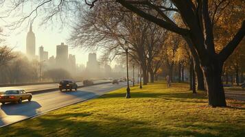A serene urban landscape at sunrise with trees, cars, and skyscrapers in the background. photo