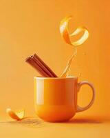 A vibrant orange mug with cinnamon sticks and orange peel, suggesting a warm drink. photo