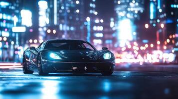 A sleek sports car illuminated by city lights at night, showcasing urban ambiance and speed. photo