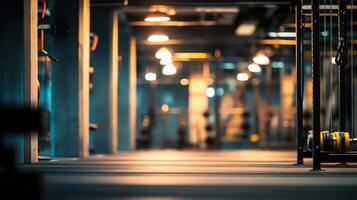 A well-lit gym interior with weights and exercise equipment for fitness activities. photo