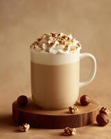 A creamy beverage topped with whipped cream and popcorn, served in a cozy mug. photo