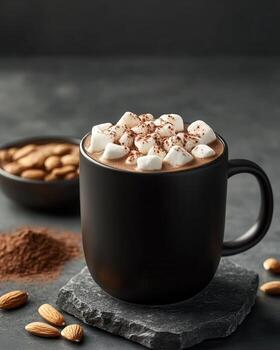 A cozy mug of hot chocolate topped with marshmallows and surrounded by almonds. photo