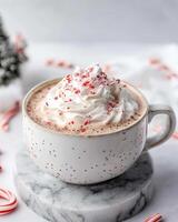 A cozy cup of hot chocolate topped with whipped cream and festive sprinkles photo