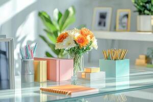 A bright workspace featuring flowers, stationery, and decorative items for productivity. photo