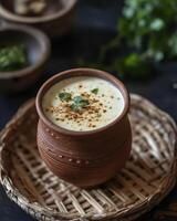 A clay pot filled with creamy yogurt garnished with spices and herbs, served on a woven tray. photo