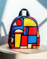 A colorful, geometric-patterned backpack resting on a light-colored surface photo