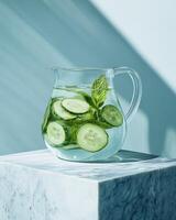 A glass pitcher filled with cucumber slices and mint leaves in refreshing water. photo