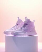 A pair of stylish purple sneakers displayed on a pedestal with a soft gradient background photo