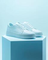 A pair of stylish white sneakers displayed on a pedestal with a soft blue background. photo