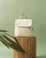 A minimalist cream backpack displayed on a wooden pedestal against a green background photo