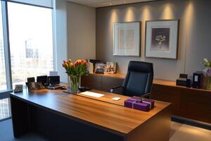 A modern office space featuring a desk, chair, flowers, and decorative elements. photo