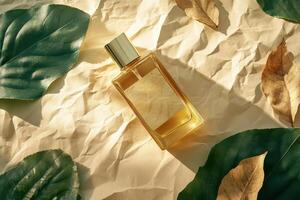 A perfume bottle surrounded by crumpled paper and leaves, evoking a natural ambiance photo