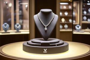A luxurious jewelry display featuring an elegant necklace on a soft pedestal photo