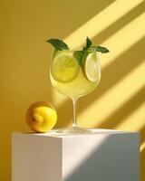A refreshing lemonade drink garnished with mint and lemon slices, set against a yellow background. photo