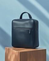 A sleek navy backpack displayed on a wooden pedestal against a soft background photo