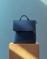 A sleek blue backpack displayed on a wooden pedestal against a light blue background photo