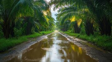 A serene pathway through lush palm trees reflecting in water after rain. photo