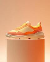 A vibrant pair of sneakers displayed on a pedestal with a soft gradient background photo