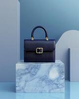 A stylish navy handbag displayed on a marble pedestal against a soft blue background photo