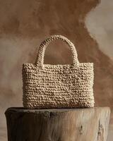 A woven straw bag displayed on a wooden surface against a textured backdrop photo