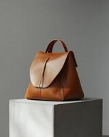 A stylish brown leather backpack displayed on a concrete pedestal. photo