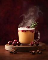 A steaming mug of spiced beverage garnished with cranberries and rosemary on a wooden platter. photo
