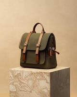A stylish olive green backpack with leather accents displayed on a marble pedestal photo
