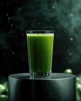 A vibrant green smoothie in a glass, set against a dark, atmospheric background. photo