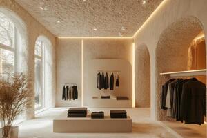 A stylish boutique interior showcasing clothing on racks and minimalist design elements. photo