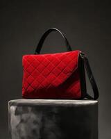 A stylish red quilted handbag with black accents, displayed on a pedestal. photo