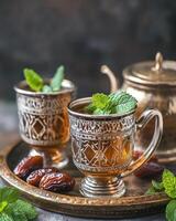 A traditional tea setup featuring ornate cups, dates, and fresh mint leaves on a tray. photo