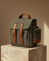 A stylish olive green backpack with leather accents, suitable for work or casual use photo