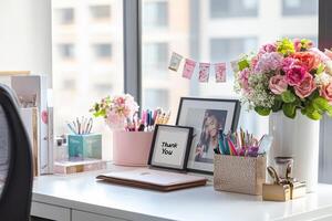 A stylish desk setup featuring flowers, stationery, and personal touches for a creative workspace. photo