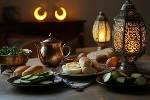 A beautifully arranged table featuring breakfast items, tea, and decorative lanterns. photo