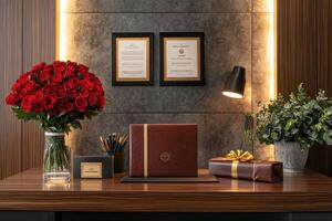 A sophisticated desk display featuring roses, awards, and elegantly wrapped gifts. photo