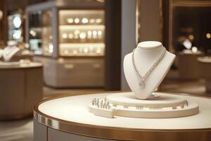 Elegant jewelry display in a luxurious store setting. photo