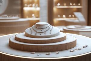 Elegant jewelry display featuring layered necklaces and rings in a sophisticated setting photo