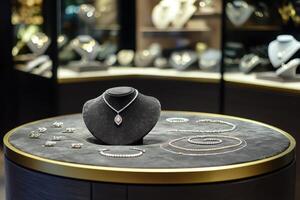 Elegant jewelry display featuring necklaces and rings in a luxurious setting photo
