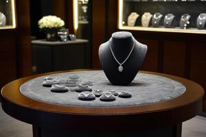 Elegant jewelry display featuring necklaces and rings on a stylish table in a boutique. photo